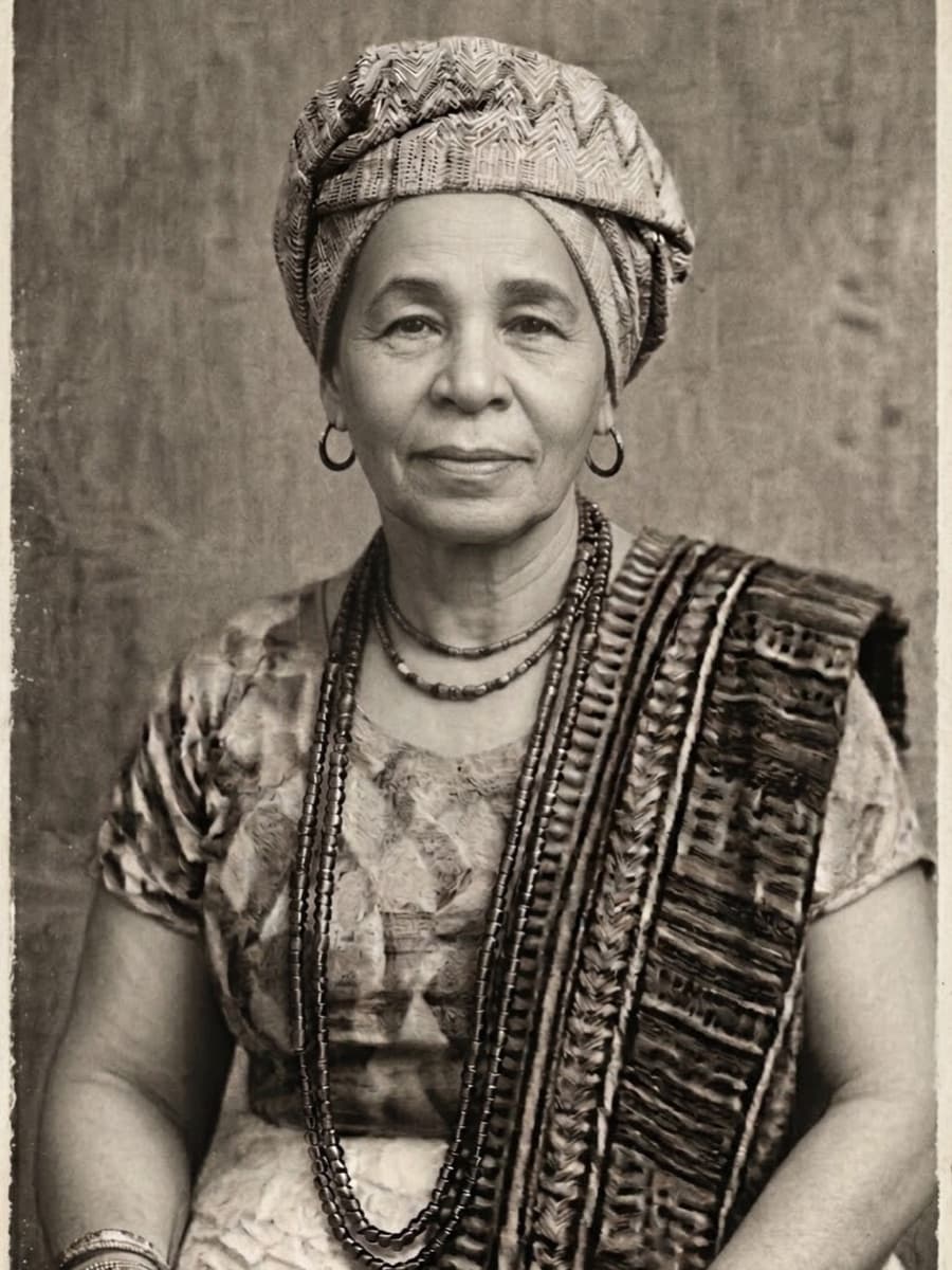 Retrato em sépia envelhecido de Minervina Paulina da Silva, fundadora da casa, de torço e colares de contas.